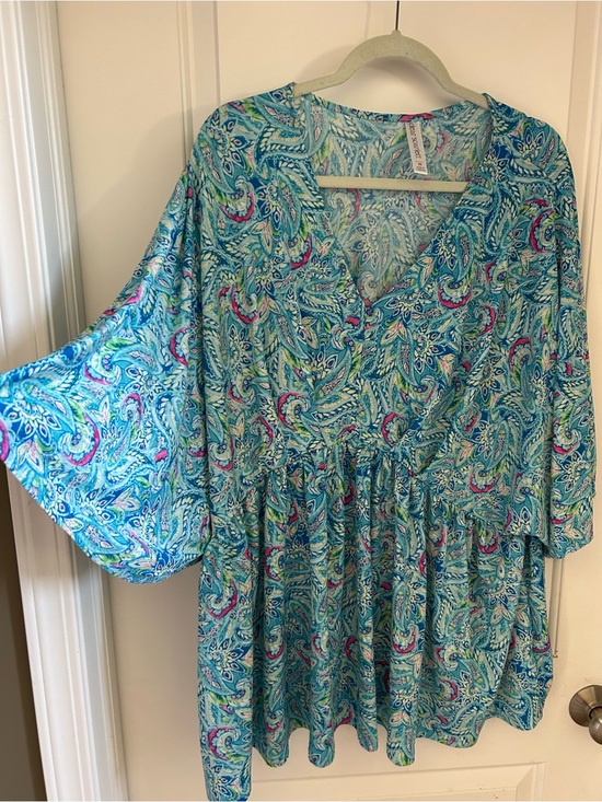 Scarlett Tops - Scarlett Blue Paisley V-Neck Blouse with Pink & Green Accents